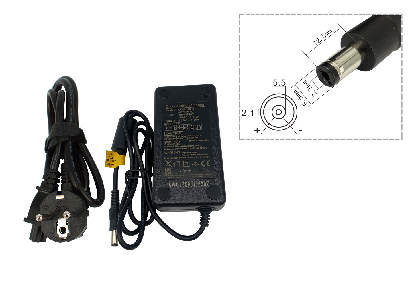 High-quality e-bike charger 36V 1.35A for batteries from Ansmann, Kalkhoff, Montana, Union, Victoria, Prophete, LLOBE and much more (DC 5.5×2.1mm) - PowerSmart