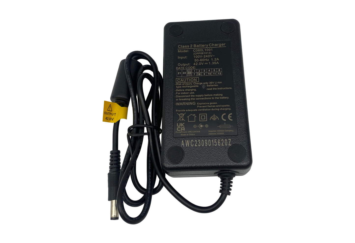 High-quality e-bike charger 36V 1.35A for batteries from Ansmann, Kalkhoff, Montana, Union, Victoria, Prophete, LLOBE and much more (DC 5.5×2.1mm) - PowerSmart