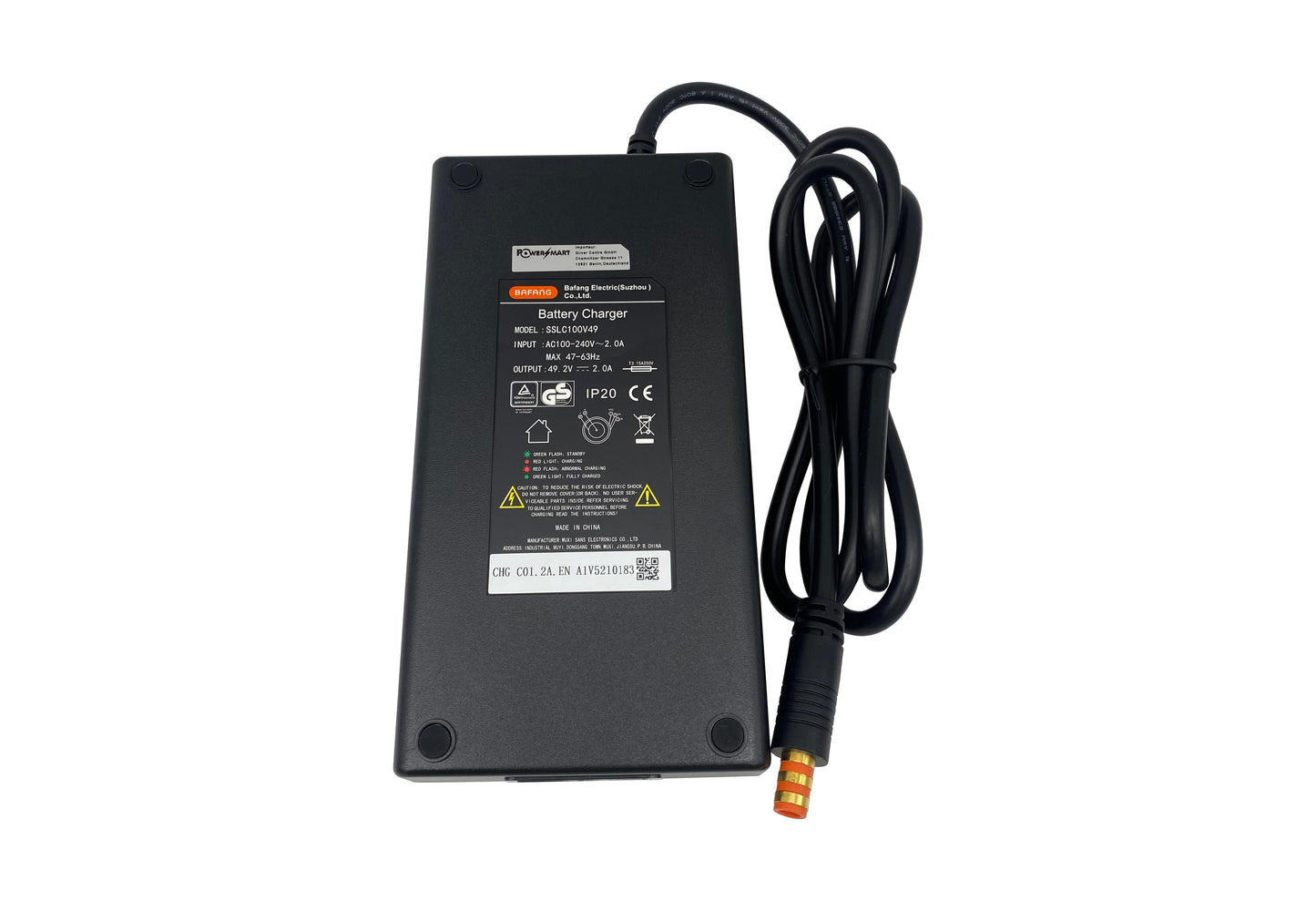 Original 49.2V/2A Bafang charger suitable for Bafang e-bike battery, with orange Bafang barrel connector - PowerSmart