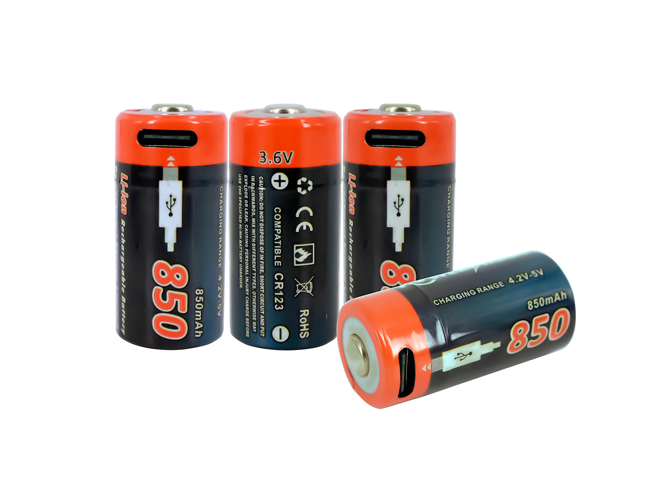 USB CR123 Li-ion Rechargeable Battery, 4-Pack 3.6V 850 mAh with Type C Port